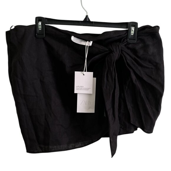 Zara 100% Linen Mini Skirt Brown- ZW Collection, Adjustable Knot, Size Large - Picture 5 of 10